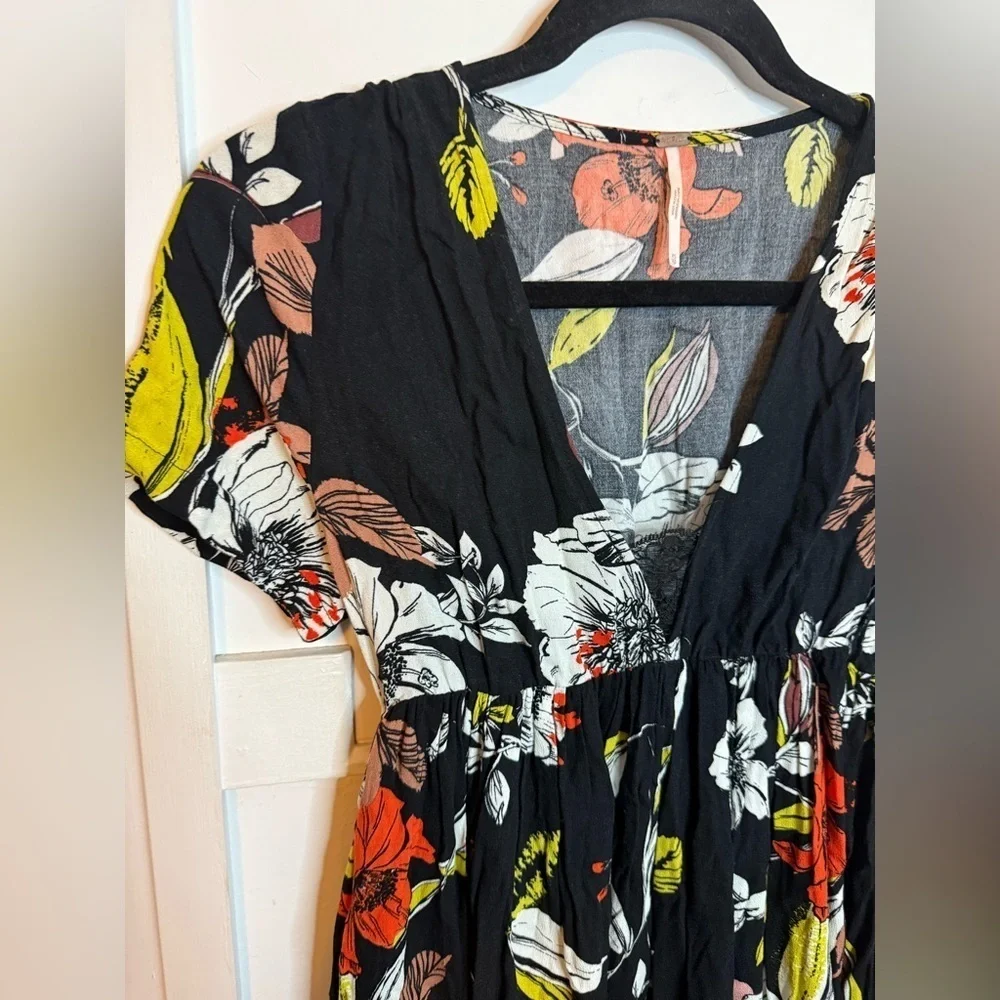 Free People Floral Cap Sleeve Lace Trim Bohemian Mini Dress